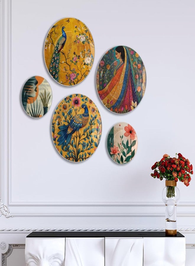 WOODHANG Decorative Ceramic Wall Plates Set of 5|Multicolor Wall Plate with Peacock, Floral & Ethnic Woman Designs|Designer Wall Art Plates for Living Room, Bedroom & Home Decor|Housewarming Gift - Image 5